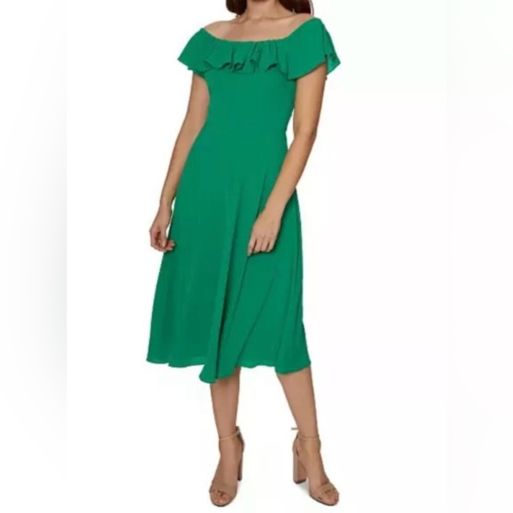 Betsey Johnson Green Off-Shoulder Ruffled Midi Dress, Size 10, Pine Green, NWT